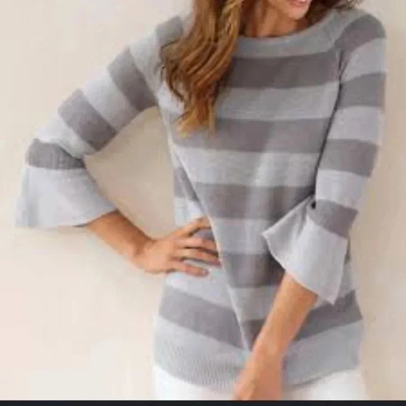 J Jill Gray Striped Metallic Sparkle Bell Sleeve Linen Blend Sweater Sz … - Picture 2 of 8
